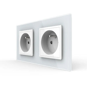 Witte dubbele Livolo wandcontactdoos met Franse penaarde en SR modules