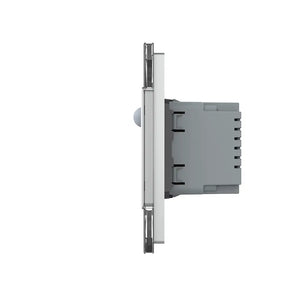 Grijze wandcontactdoos met aardpen en sensor van Livolo voor automatische trapverlichting