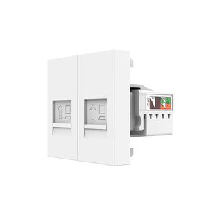 Witte dubbele Cat6 data aansluiting met twee RJ45 poorten voor thuisnetwerk en kantoor