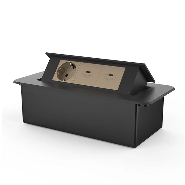 Livolo | Zwart | 3 | Pop-Up Stekkerdoos | Push | Inbouw | Stopcontacten + Dubbele USB-C Oplader - Goud Livolo Nederland
