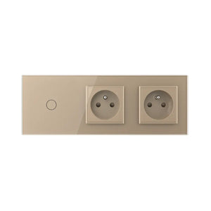 Gouden Livolo touch schakelaar met twee stopcontacten met aardpen voor luxe interieur