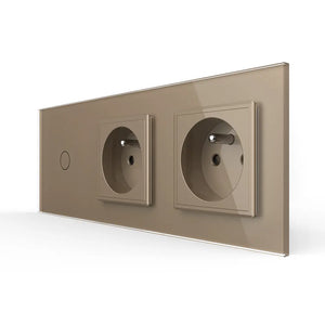 Goud design schakelmateriaal met lichtschakelaar en dubbele Franse wandcontactdoos