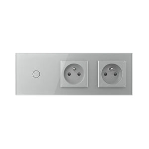 Grijze Livolo touch schakelaar met twee stopcontacten met aardpen voor luxe interieur