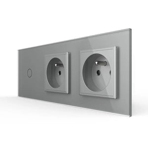 Grijs design schakelmateriaal met lichtschakelaar en dubbele Franse wandcontactdoos