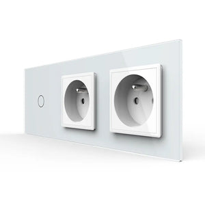 Wit design schakelmateriaal met lichtschakelaar en dubbele Franse wandcontactdoos