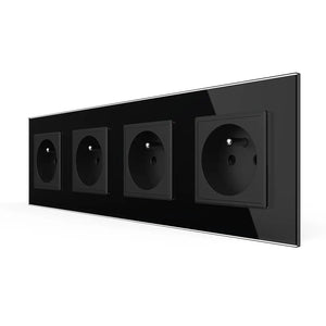 Zwarte Livolo viervoudige wandcontactdoos met Franse penaarde en SR modules