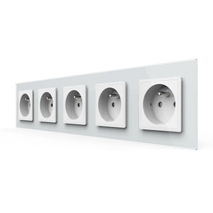 Witte Livolo vijfvoudige wandcontactdoos met Franse penaarde en SR modules