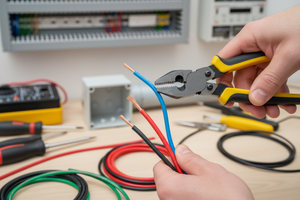 Electromonteur die draden aan het strippen is