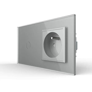 Grijze Franse wandcontactdoos met touch lichtschakelaar als design schakelmateriaal